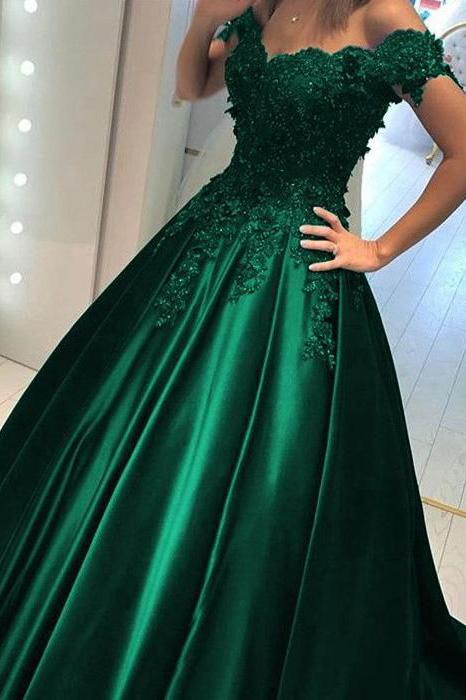 off shoulder dark green ball gown appliqued prom formal dress dtp878