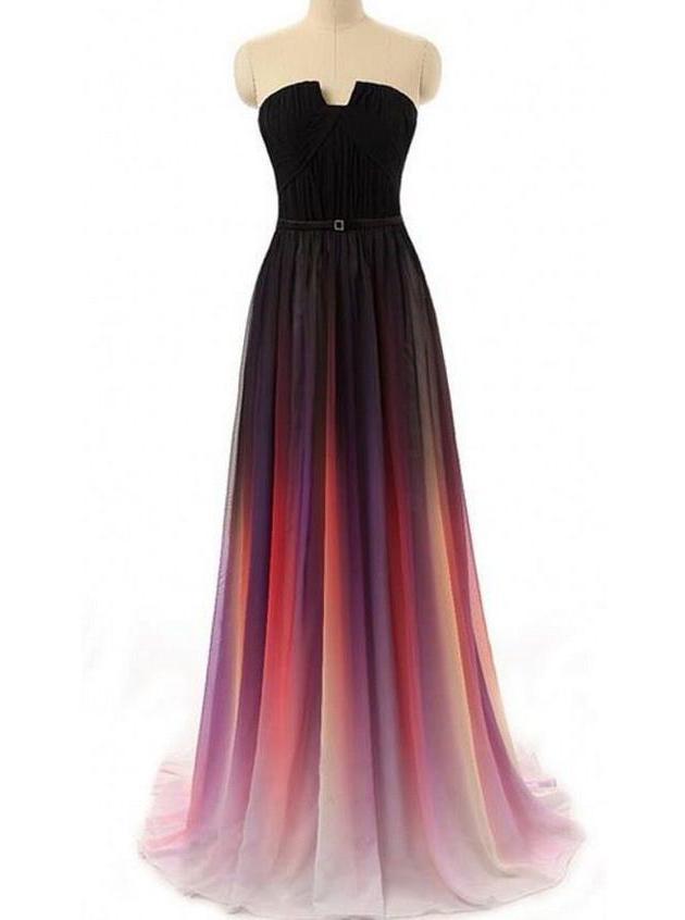 Strapless Notched Ombre Long Prom Dresses Backless Formal Gown With Pleats