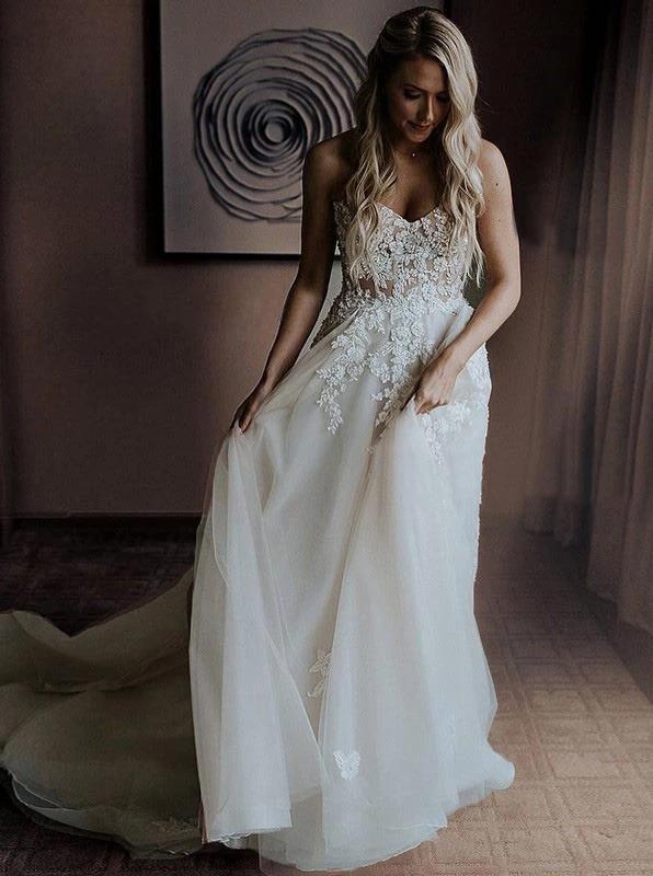 A-line Sweetheart Rustic Boho Wedding Dresses With Appliques