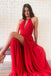 evening dress with split a-line red chiffon simple long prom dresses dtp932