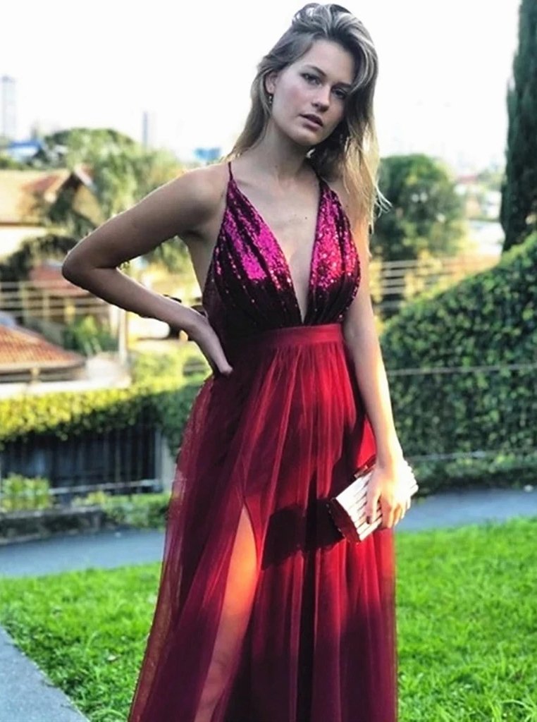 Tulle Backless Burgundy Prom Dresses, Sexy Sequin Evening Dresses