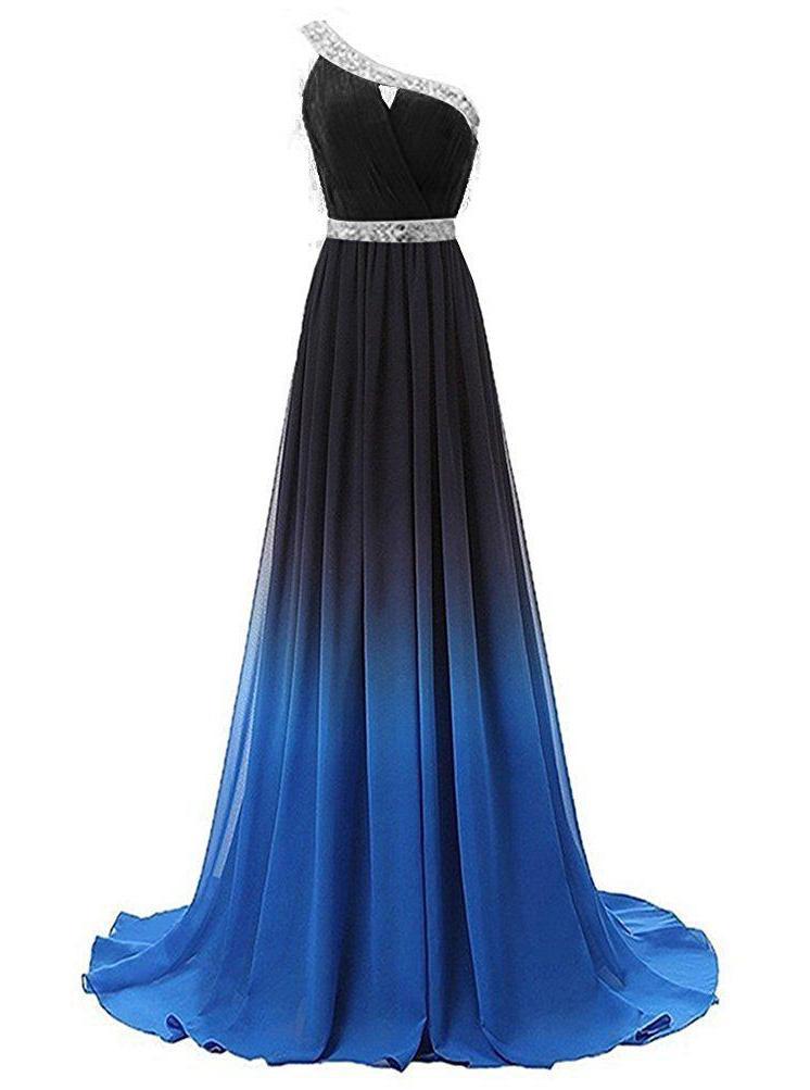 One Shoulder Chiffon Ombre Prom Dresses Beaded Gradient Formal Party Gowns