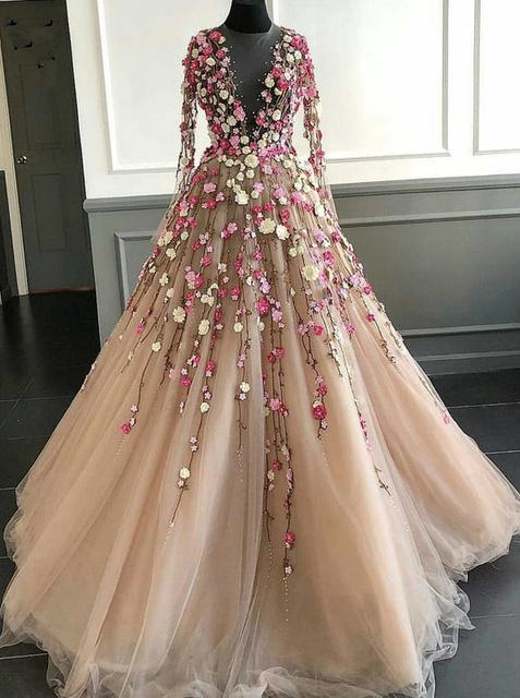 pretty illusion long sleeves 3d flower tulle prom gowns formal dress dtp1058