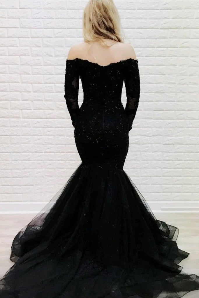 Off-the-shoulder Lace Long Sleeves Black Mermaid Prom Evening Dresses