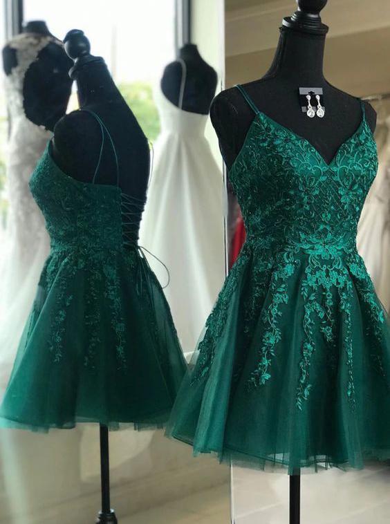 Emerald Green Homecoming Dress A-line V-neck Backless Short Prom Dress