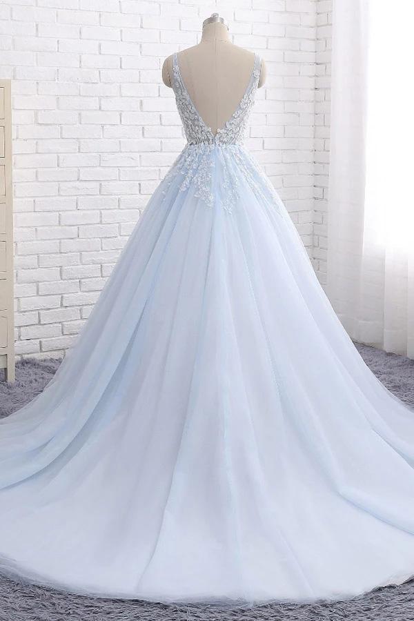 Light Sky Blue Backless Prom Dresses, V Neck Appliques Ball Gown