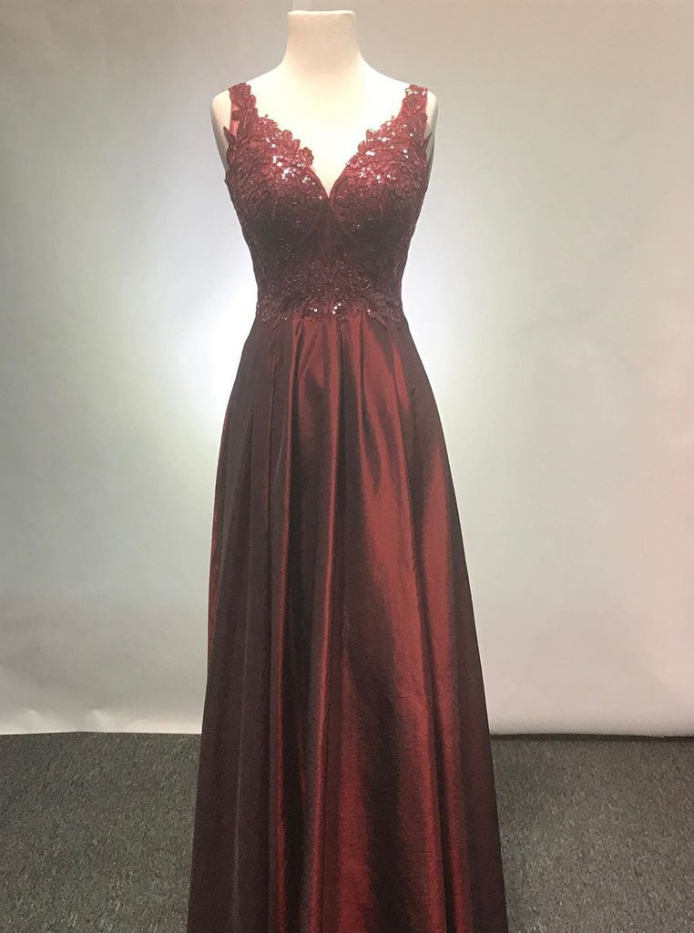 A-line V-neck Long Burgundy Prom Dresses With Appliques