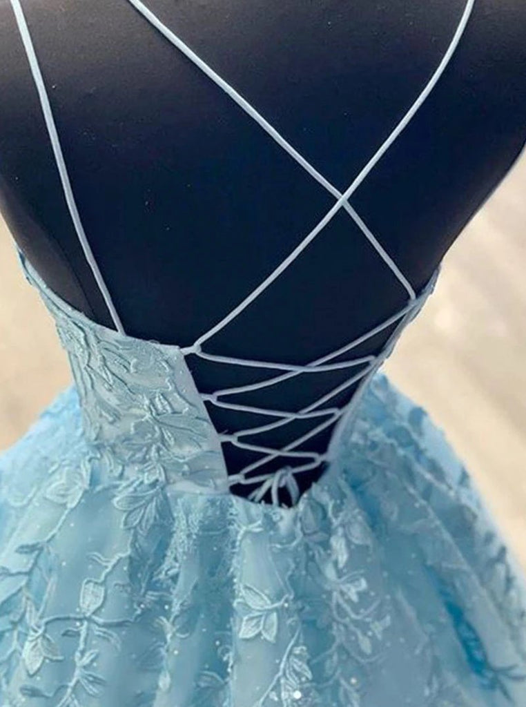 Spaghetti-straps Tulle Sky Blue Long Prom Dresses With Appliques