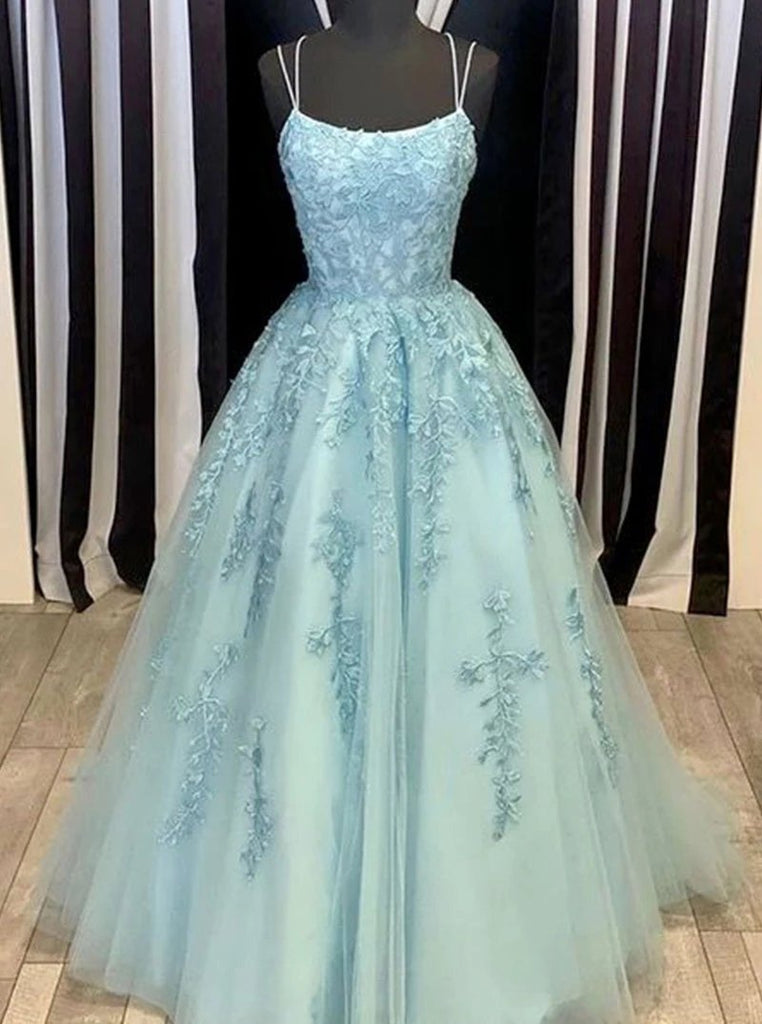 Spaghetti-straps Tulle Sky Blue Long Prom Dresses With Appliques