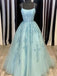 Spaghetti-straps Tulle Sky Blue Long Prom Dresses With Appliques