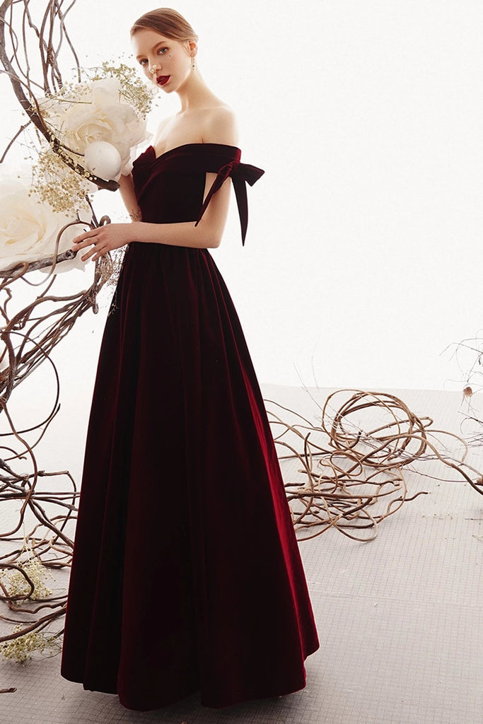 elegant off the shoulder evening dress a-line velvet burgundy long prom dresses dtp944