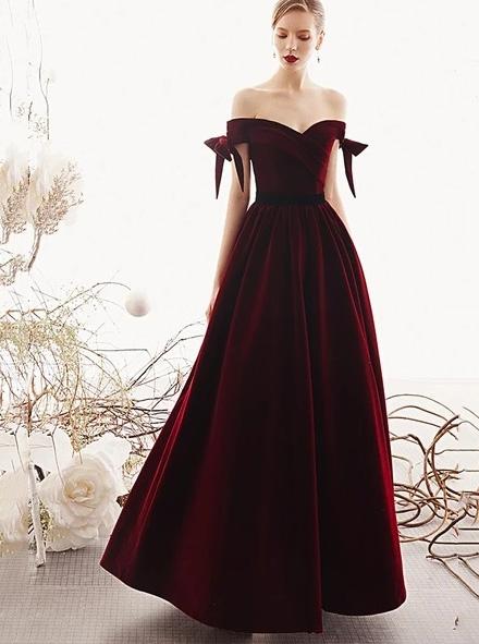 A-line Velvet Burgundy Long Prom Dresses, Elegant Off The Shoulder Evening Dress