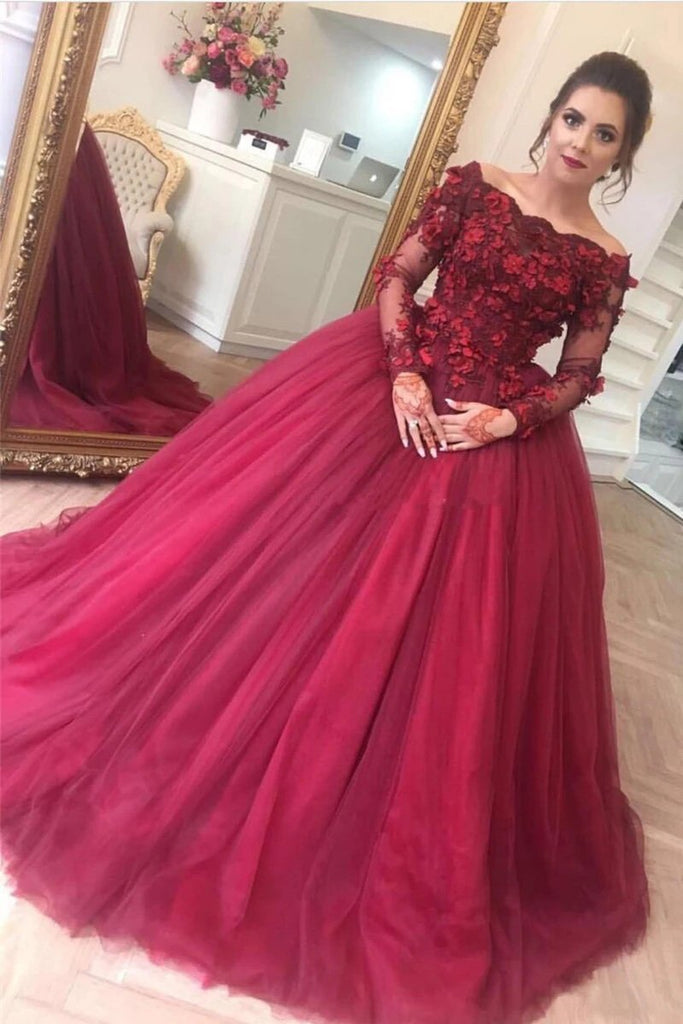 off-shoulder ball gown burgundy long sleeves appliques tulle prom dresses dtp910