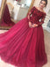 Off-Shoulder Ball Gown Burgundy Long Sleeves Appliques Tulle Prom Dresses