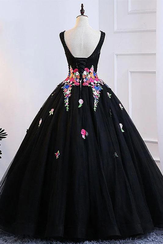 ball gown formal dress tulle appliqued black long prom dress dtp865