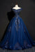 elegant offf-shoulder formal dress royal blue long prom dresses with lace appliques dtp941