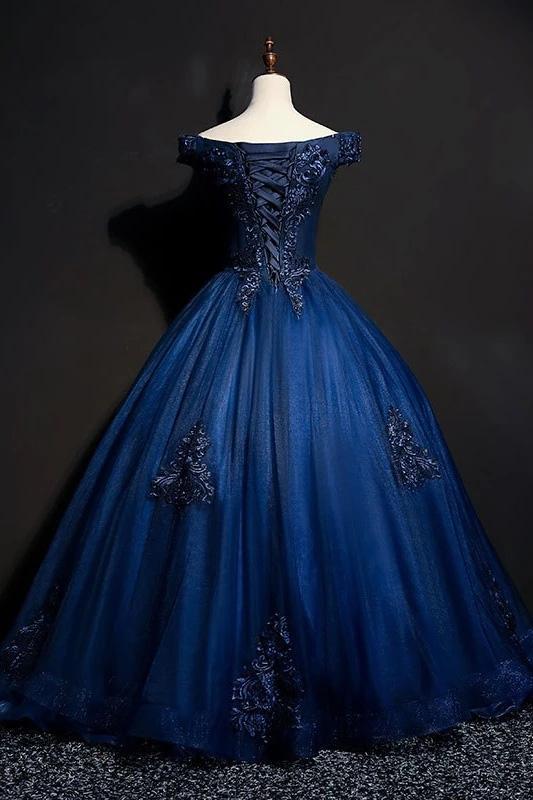 Royal Blue Long Prom Dresses With Lace Appliques, Elegant Offf-Shoulder Formal Dress