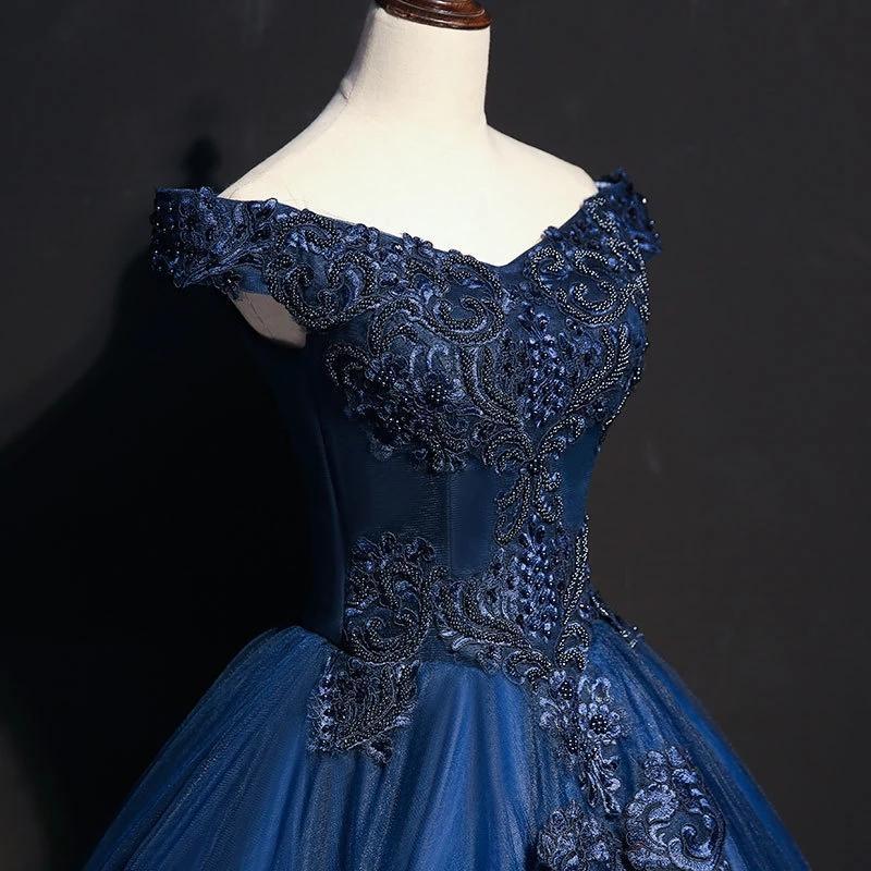 Royal Blue Long Prom Dresses With Lace Appliques, Elegant Offf-Shoulder Formal Dress