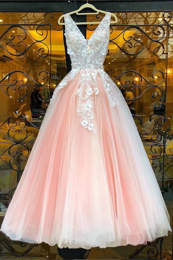 a-line v-neck tulle appliqued floor length prom dresses dtp866