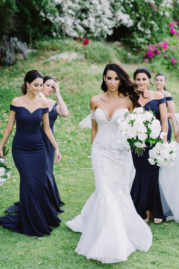 offshoulder satin mermaid dark blue simple bridesmaid dresses dtb172