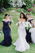 offshoulder satin mermaid dark blue simple bridesmaid dresses dtb172