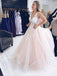 A-line V-Neck Tulle Long Prom Dresses With 3D Floral Appliques