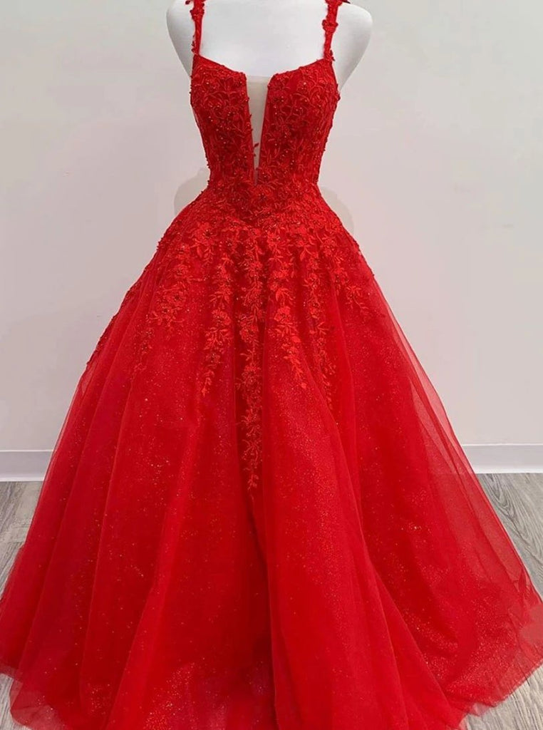 Straps Square Tulle Red Long Prom Dresses, Appliqued Beaded Formal Dress