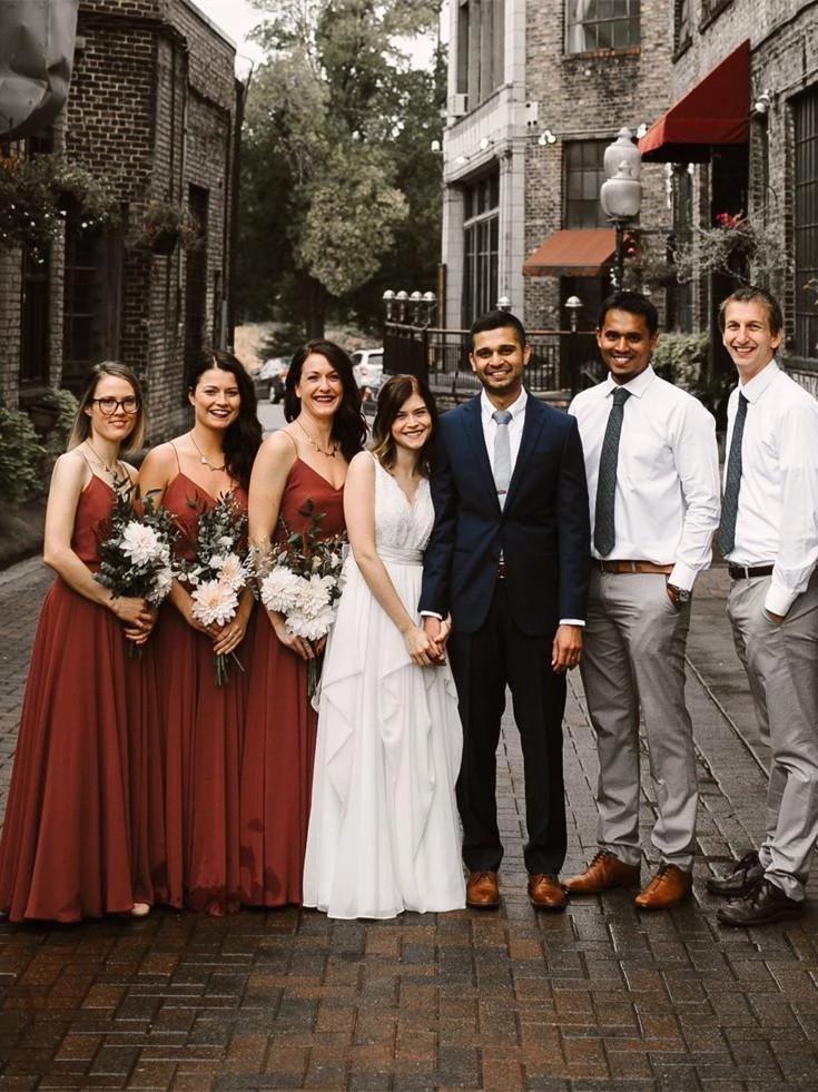 Simple Spaghetti Straps V-neck Chiffon Long Bridesmaid Dresses