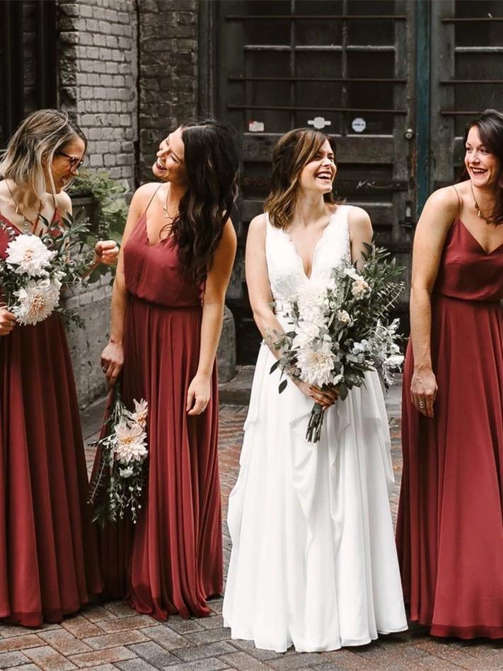 Simple Spaghetti Straps V-neck Chiffon Long Bridesmaid Dresses