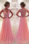 Lace Applique V-Neck Pink Chiffon Long Formal Prom Dress