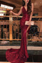 Sexy Sequins Burgundy Prom Dress Backless Mermaid Evening Gown