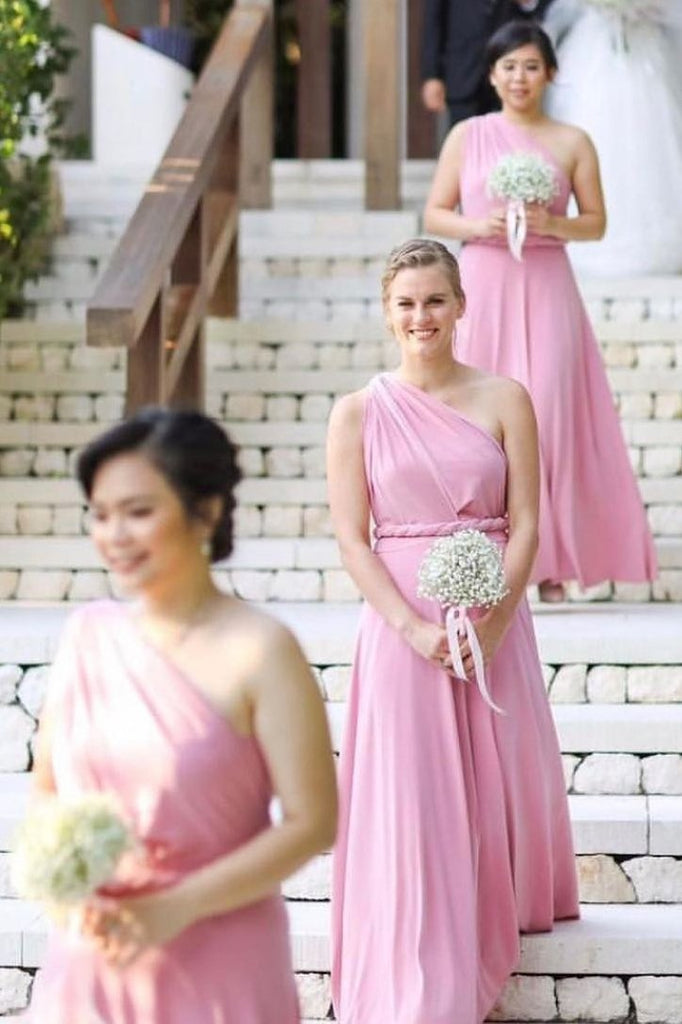 flowy one-shoulder floor length pink bridesmaid dresses dtb129