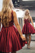 a-line v neck burgundy satin homecoming dresses with appliques dth89