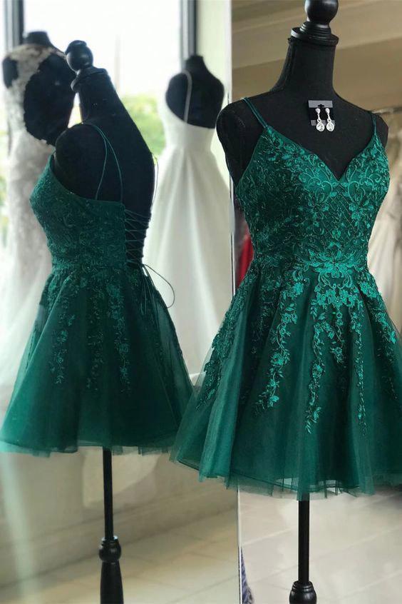 emerald green homecoming dress a-line v-neck backless short prom dress dth375