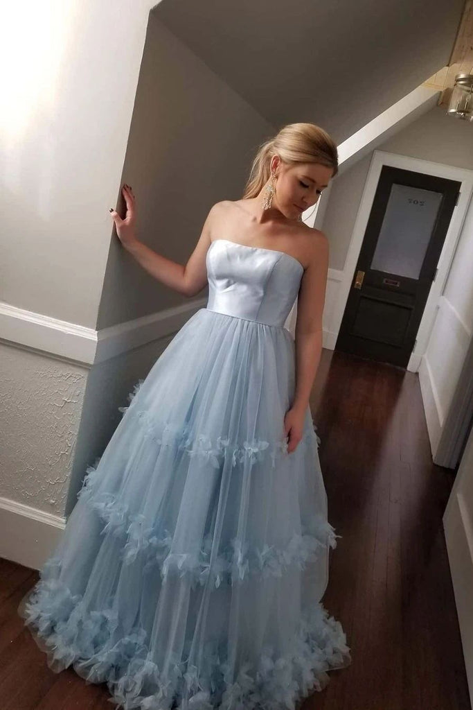 light blue strapless long prom dresses tulle graduation gown dtp27