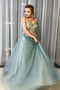 A-Line Tulle Long Prom Dress Beading Bodice With Spaghetti Straps