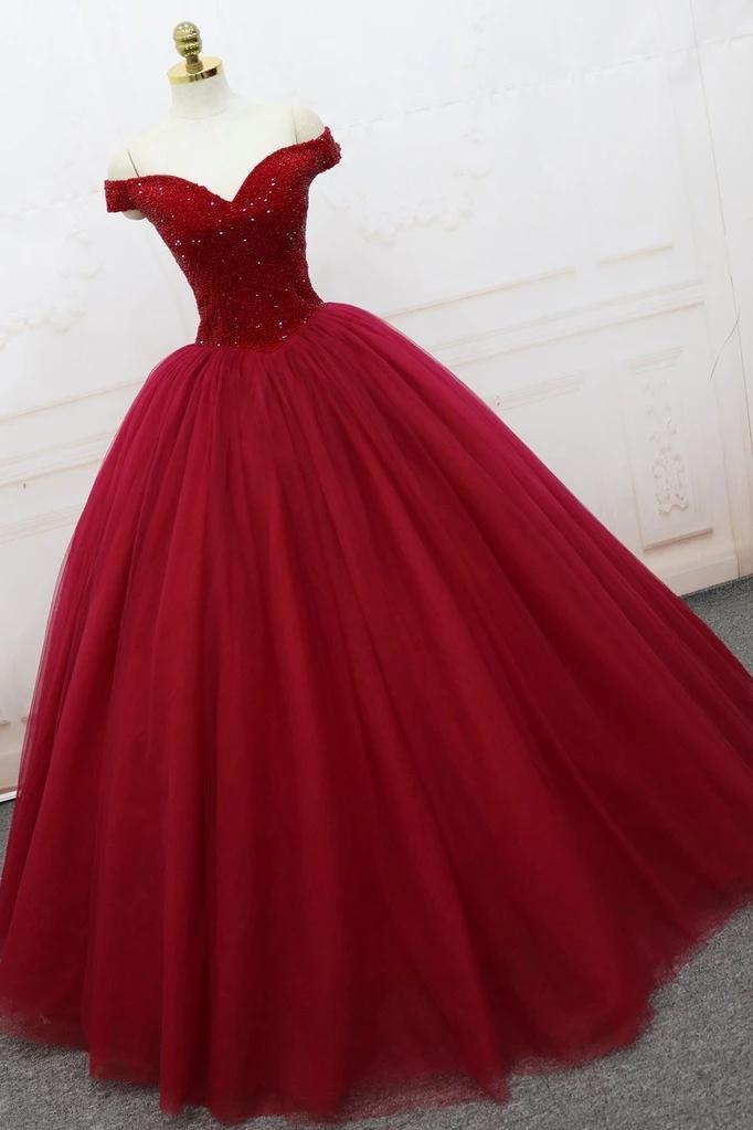 off shoulder ball gown burgundy tulle long prom dresses with beading dtp863