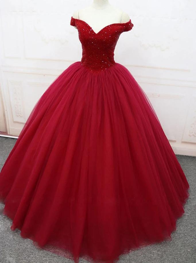 Off Shoulder Ball Gown Burgundy Tulle Long Prom Dresses With Beading