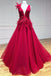 Red V Neck A-Line Plunging Neck With Floral Appliques Long Prom Formal Dresses