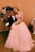 elegant lace tulle formal dress pink two piece prom dress with appliques dtp138