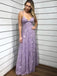 Spaghetti-straps V-neck Lace Appliques Lilac Long Prom Dresses