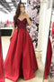 Burgundy Lace Bodice Satin Long Prom Dress, Off-Shoulder Evening Dress