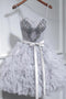 Grey Cute Sweet 16 Gown Spaghetti-straps Beaded Short/Mini Party Dress