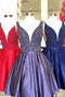 Royal Blue Homecoming Dress, Plunging Neck Beaded Short Prom Dresses