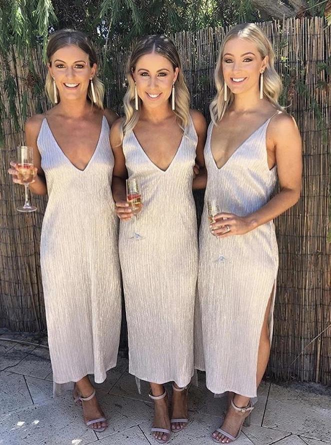 Slinky Slip Ankle Length Bridesmaid Dresses, Low Back Wedding Party Dress