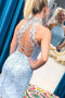 High Neck Beaded Mermaid Light Sky Blue Short Prom Lace Homecoming Dresses