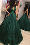 Sparkly Sequins Ball Gown Dark Green V-neck Prom Dress