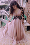 A-line V-Neck Long Sleeve Chiffon Prom Dresses With Black Lace