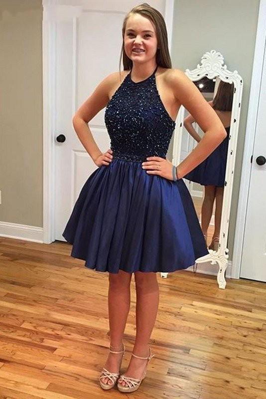 Halter Satin Short Homecoming Dress, Royal Blue Homecoming Dress with Beads