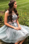 Illusion Round Neckline Grey Tulle Homecoming Dresses With Appliques